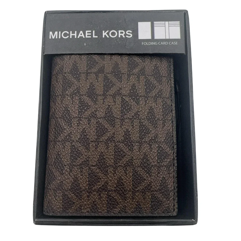 Michael Kors Wallet Mens Brown Leather Folding Card Case Logo Bifold Holder
